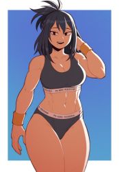 Rule 34 | 1girl, abs, black eyes, black hair, boku no hero academia, breasts, cleavage, clothes writing, collarbone, copyright name, curvy, english text, hand in own hair, highres, large breasts, long hair, mature female, mole, mole under mouth, muscular, muscular female, shimura nana, simple background, smile, solo, sports bra, suoiresnu, thick thighs, thighs, toned