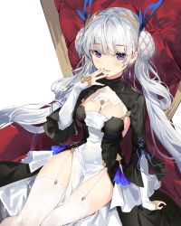 Rule 34 | 1girl, absurdres, blush, breasts, cleavage, clothes between thighs, double bun, dress, earrings, garter straps, hair bun, hand on own face, highres, huge filesize, iiiroha, jewelry, long hair, long sleeves, looking at viewer, medium breasts, original, parted lips, purple eyes, silver hair, simple background, sitting, smile, solo, thighhighs, thighs, throne, twintails, very long hair, white background, white thighhighs