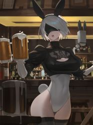 Rule 34 | 1girl, 2b (nier:automata), absurdres, adapted costume, alcohol, animal ears, beer, black thighhighs, blindfold, covered eyes, curvy, highleg, highleg leotard, highres, hood (james x), leotard, mole, mole under mouth, nier:automata, nier (series), playboy bunny, pod (nier:automata), rabbit ears, rabbit tail, shiny skin, tail, thighhighs, thong leotard, white hair, white leotard, wide hips