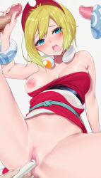 Rule 34 | 1girl, bare shoulders, blonde hair, bracelet, breasts, censored, collarbone, creatures (company), eyes visible through hair, game freak, grey background, handjob, highres, irida (pokemon), jewelry, large breasts, mosaic censoring, multiple penises, navel, nintendo, nipples, object insertion, one breast out, open mouth, penis, pokemon, pokemon legends: arceus, pussy, ratsuku kinoko, short hair, simple background, sitting, solo focus, vaginal, vaginal object insertion