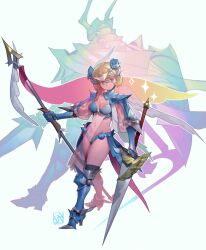 Rule 34 | 1girl, arm armor, armor, armored boots, bikini, bikini armor, blonde hair, blue eyes, blue flower, blush, boots, bra, breasts, cleavage, dual wielding, feathered wings, flower, gauntlets, hair flower, hair ornament, highres, holding, holding polearm, holding staff, holding weapon, knee boots, knight, lance, looking at viewer, medium breasts, midriff, navel, original, pauldrons, poch4n, polearm, puffy sleeves, see-through, short hair, shoulder armor, sparkle, staff, swimsuit, underwear, valkyrie, weapon, wings