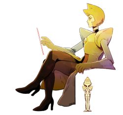 Rule 34 | 2girls, 2gold, blonde hair, boots, cartoon network, colored skin, giant, giantess, gloves, high heel boots, high heels, leotard, multiple girls, pointy nose, short hair, simple background, sitting, size difference, steven universe, thighhighs, wavy mouth, white background, yellow diamond (steven universe), yellow pearl, yellow pearl (steven universe), yellow skin