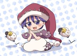 Rule 34 | 1girl, animal, black capelet, blue eyes, blue hair, blush, capelet, doremy sweet, dress, hat, multicolored clothes, multicolored dress, nightcap, open mouth, pom pom (clothes), red hat, rokugou daisuke, sheep, short hair, signature, smile, solo, touhou