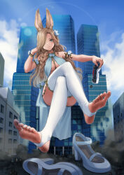 Rule 34 | 1girl, absurdres, animal ears, arm support, blue dress, blue eyes, blue footwear, blue sky, braid, breasts, brown hair, city, cloud, cloudy sky, commission, crossed legs, day, dress, feet, flower, foreshortening, full body, giant, giantess, hair over one eye, head rest, high heels, highres, holding, leaning to the side, legs, long hair, looking at viewer, medium breasts, nail polish, no shoes, original, outdoors, parted bangs, rabbit ears, rabbit girl, rubble, sahara1127, shoes, unworn shoes, sitting, skeb commission, sky, sleeveless, solo, stirrup legwear, thighhighs, thighs, toeless legwear, toenail polish, toenails, toes, underboob, white thighhighs