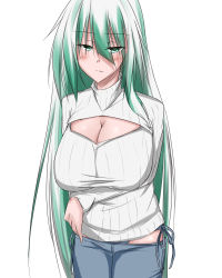 Rule 34 | 1girl, bikini jeans, blush, border break, breast hold, breasts, character request, cleavage, denim, green eyes, green hair, half-closed eyes, highres, jeans, large breasts, long hair, lowleg, lowleg pants, m.k. gtsl, matching hair/eyes, meme attire, open-chest sweater, pants, personification, ribbed sweater, shion shinozaki, solo, sweater, very long hair
