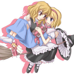 Rule 34 | 2girls, alice margatroid, blonde hair, blue dress, blue eyes, blush, book, broom, broom riding, capelet, carrying, dress, eye contact, female focus, flying, hair ribbon, hairband, hat, hug, kirisame marisa, looking at another, multiple girls, naughty face, open mouth, princess carry, ribbon, shanghai doll, shoes, short hair, shy, smile, touhou, tress ribbon, witch, witch hat, yellow eyes, yuri