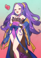 Rule 34 | 1girl, armpits, bare shoulders, blush, breasts, cameltoe, chinese clothes, covered erect nipples, dosukoi genjirou, dress, fang, fate/grand order, fate (series), forehead, gradient background, hair ornament, hair scrunchie, hand on own chest, hand on own hip, hanfu, heart, highres, long hair, looking at viewer, navel, no panties, open mouth, parted bangs, pelvic curtain, purple dress, purple eyes, purple hair, pussy, sash, scrunchie, see-through, small breasts, smile, solo, thighs, twintails, very long hair, wide sleeves, wu zetian (fate), wu zetian (first ascension) (fate), yellow scrunchie
