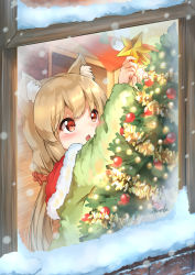Rule 34 | 1girl, animal ear fluff, animal ears, arms up, blush, brick wall, brown hair, capelet, cat ears, christmas, christmas ornaments, christmas tree, commentary request, from outside, fur-trimmed capelet, fur trim, green shirt, hair ornament, hair scrunchie, highres, holding, long hair, long sleeves, looking away, open mouth, original, red capelet, red eyes, red scrunchie, scrunchie, shirt, snow, snowing, solo, sora (silent square), star (symbol), very long hair, window, wooden floor