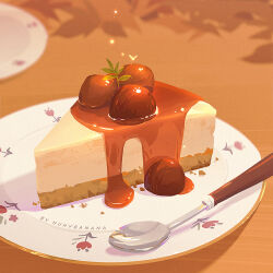 Rule 34 | artist name, blurry, bug, cake, caramel, cheesecake, chestnut, commentary, depth of field, dessert, english commentary, firefly, floral print, food, food focus, huhv., indoors, insect, leaf, mixed-language commentary, no humans, original, plate, spoon, still life, sweets, table