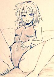 Rule 34 | 1girl, alternate costume, bare legs, barefoot, breasts, commentary request, competition swimsuit, covered navel, d-m (dii emu), eyelashes, greyscale, kazami yuuka, looking at viewer, medium breasts, monochrome, one-piece swimsuit, open mouth, short hair, sitting, swimsuit, toes, touhou