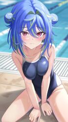 Rule 34 | 1girl, alternate costume, balflear (oe19nlud), blue hair, blue one-piece swimsuit, blush, breasts, breasts squeezed together, closed mouth, commentary request, competition swimsuit, double bun, full body, green hair, hair between eyes, hair bun, hair intakes, highres, long bangs, looking at viewer, medium breasts, medium hair, mole, mole under eye, multicolored hair, nanashi inc., one-piece swimsuit, pink eyes, pool, poolside, solo, suzumi nemo, swimsuit, two-tone hair, virtual youtuber, water