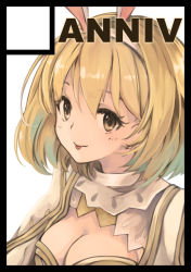 Rule 34 | 10s, 1girl, animal ears, blonde hair, breasts, brown eyes, cape, circle cut, cleavage, closed mouth, djeeta (granblue fantasy), fake animal ears, granblue fantasy, hair between eyes, hairband, medium breasts, otogi kyouka, rabbit ears, sage (granblue fantasy), short hair, smile, solo, tongue, tongue out, upper body