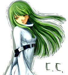 Rule 34 | 00s, 1girl, belt, bodysuit, c.c., character name, code geass, expressionless, green hair, long hair, long sleeves, looking back, simple background, solo, straightjacket, uniform, very long hair, white background, yellow eyes
