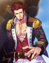 Rule 34 | 1boy, belt, blue eyes, brown hair, cannon, cross scar, epaulettes, facial hair, fate/grand order, fate (series), fringe trim, goatee, huge weapon, jacket, large pectorals, leather, leather jacket, long sideburns, long sleeves, looking at viewer, male focus, mature male, military, military uniform, muscular, muscular male, napoleon bonaparte (fate), open clothes, open jacket, pants, partially unbuttoned, pectoral cleavage, pectorals, scar, scar on chest, short hair, sideburns, smile, solo, sunlight, uniform, weapon, white pants, zanshi
