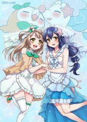 Rule 34 | 2girls, :d, blue hair, blush, bridal veil, brown eyes, brown hair, cosplay, creatures (company), crossover, dress, game freak, gen 7 pokemon, holding hands, jewelry, locked arms, long hair, love live!, love live! school idol project, minami kotori, mono land, multiple girls, necklace, nintendo, open mouth, pokemon, pokemon sm, primarina, primarina (cosplay), rowlet, rowlet (cosplay), shawl, smile, sonoda umi, thighhighs, veil, zettai ryouiki