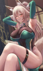 Rule 34 | 1girl, animal ears, armpits, arms up, blonde hair, blush, breasts, commentary request, commission, crossed legs, feet out of frame, fox ears, fox girl, fox tail, hair between eyes, highres, large breasts, legs, long hair, looking at viewer, original, parted lips, ponytail, silver bullet (ecc12 8), sitting, skeb commission, smile, solo, tail, thigh strap, thighs, yellow eyes
