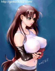 Rule 34 | 1990s (style), 1girl, breasts, brown eyes, brown hair, crossed arms, elbow gloves, female focus, final fantasy, final fantasy vii, fingerless gloves, ginko (silver fox), gloves, gradient background, large breasts, long hair, midriff, miniskirt, retro artstyle, skirt, solo, tank top, tifa lockhart