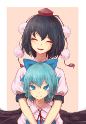 Rule 34 | 2girls, black hair, blue bow, blue eyes, blue hair, bow, cirno, commentary request, closed eyes, hair bow, hat, multiple girls, open mouth, pom pom (clothes), puffy short sleeves, puffy sleeves, roke (taikodon), shameimaru aya, shirt, short sleeves, smile, tassel, tokin hat, touhou, white shirt