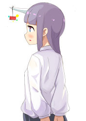 Rule 34 | 1girl, arms behind back, bad id, bad pixiv id, blunt bangs, blush, from behind, highres, horns, lego, long hair, long sleeves, looking away, original, parted lips, profile, purple eyes, purple hair, shirt, simple background, single horn, solo, surio, white background, white shirt