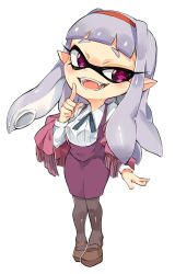Rule 34 | 1girl, blush, breasts, highres, idolmaster, idolmaster (classic), inkling player character, long hair, nintendo, open mouth, pantyhose, parody, shijou takane, splatoon (series), squid girl, style parody, tentacle hair, tentacles, thick eyebrows, thighhighs, tuxedo de cat, white background, white hair