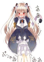 Rule 34 | 1girl, @ @, animal ears, black bow, black bowtie, blonde hair, blue dress, blush, bow, bowtie, breasts, cat ears, cat tail, dress, embarrassed, fake animal ears, fake tail, femae focus, frilled dress, frills, have to pee, headgear, highres, japanese text, large breasts, long hair, long sleeves, nora cat, nora cat channel, nose blush, open mouth, pantyhose, peeing, peeing self, red eyes, ruru (takosu kun), simple background, solo, standing, sweat, tail, translation request, trembling, two side up, v arms, very long hair, virtual youtuber, wavy mouth, white background, white pantyhose