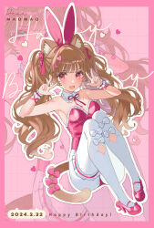 Rule 34 | 1girl, :d, animal ear fluff, animal ears, bare shoulders, border, bow, breasts, brown hair, cat ears, cat girl, cat tail, character name, cleavage, commentary request, double w, fake animal ears, fang, hair ornament, hairband, hands up, heart, heart hair ornament, high heels, highres, knees up, leotard, long hair, looking at viewer, maomao (marble creators), marble creators, miyako (xxxbibit), neck ribbon, open mouth, outline, pantyhose, pink border, pink bow, pink footwear, pink hairband, pink leotard, pink ribbon, playboy bunny, rabbit ears, red eyes, ribbon, shoes, sitting, small breasts, smile, solo, strapless, strapless leotard, tail, tail bow, tail ornament, twintails, very long hair, virtual youtuber, w, white bow, white outline, white pantyhose, wrist cuffs, zoom layer