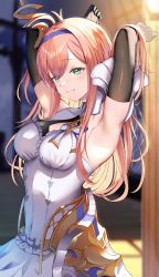 Rule 34 | 1girl, absurdres, arm up, armor, blonde hair, breasts, dress, elbow gloves, enyo (granblue fantasy), gloves, granblue fantasy, green eyes, hairband, head tilt, highres, jewelry, medium breasts, shoulder armor, sleeveless, sleeveless dress, smile, solo, upper body, vambraces, white dress, yamato (muchuu paradigm)