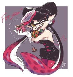 Rule 34 | + +, 1girl, artist name, black hair, border, breasts, callie (splatoon), commentary, detached collar, earrings, english commentary, english text, food, gift, gloves, gradient hair, grey background, highres, holding, holding gift, inkling, jewelry, long hair, looking at viewer, mixed-language commentary, mole, mole under eye, multicolored hair, nintendo, notice lines, object on head, okome 2g2g, one eye closed, open mouth, outside border, pantyhose, pointy ears, red hair, red pantyhose, short jumpsuit, signature, small breasts, smile, solo, splatoon (series), splatoon 1, standing, strapless, sushi, swept bangs, tentacle hair, valentine, very long hair, white border, white gloves, yellow eyes