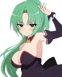 1girl angel_mort bare_shoulders black_dress blush breasts cleavage closed_mouth commentary detached_collar detached_sleeves dress embarrassed green_eyes green_hair hand_up highres higurashi_no_naku_koro_ni juliet_sleeves large_breasts long_hair long_sleeves looking_down official_alternate_costume parted_bangs ponytail puffy_sleeves solo sonozaki_mion strapless strapless_dress sweatdrop upper_body very_long_hair wavy_mouth yuno_ff