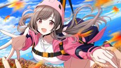 Rule 34 | 1girl, :d, autumn leaves, blue sky, breasts, brown hair, chest harness, cloud, collarbone, day, flying, game cg, hair tie, harness, helmet, holding hands, horizon, idolmaster, idolmaster shiny colors, jacket, large breasts, lens flare, long hair, looking at viewer, low twintails, motion blur, ocean, official art, open mouth, outdoors, outstretched hand, pink eyes, pink jacket, pov, shirt, shorts, sidelocks, sky, smile, solo focus, tsukioka kogane, twintails, white shirt, wind, zipline