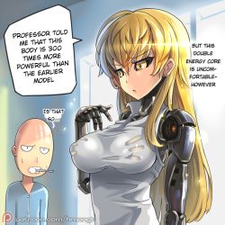 Rule 34 | 1boy, 1girl, artist name, bald, black sclera, blonde hair, brushing teeth, bubble, chestnut mouth, colored sclera, cyborg, earrings, eyebrows, genderswap, genderswap (mtf), genos, hm (hmongt), impossible clothes, impossible shirt, indoors, jewelry, lens flare, long hair, long sleeves, one-punch man, pajamas, patreon, patreon username, reflection, saitama (one-punch man), shirt, sleeveless, sweat, t-shirt, taut clothes, taut shirt, text focus, toothbrush, watermark, web address, window, yellow eyes