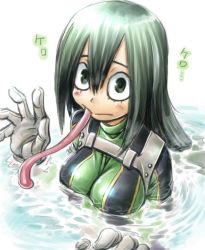 Rule 34 | 10s, 1girl, :&gt;, amania orz, asui tsuyu, black eyes, blush, bodysuit, boku no hero academia, breasts, gloves, green hair, impossible clothes, long tongue, looking at viewer, partially submerged, sidelocks, skin tight, solo, swimming, tongue, tongue out, water