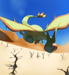 Rule 34 | bare tree, blue sky, commentary, creature, creatures (company), day, desert, english commentary, flygon, flying, full body, game freak, gen 3 pokemon, nintendo, no humans, pinkgermy, pokemon, pokemon (creature), sand, sky, solo, tree