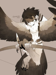 Rule 34 | 1boy, arrow (projectile), bird tail, bird wings, black hair, bow (weapon), feathered wings, feathers, flying, harpy boy, headband, highres, loincloth, male focus, monochrome, monster boy, navel, original, pale skin, quiver, sepia background, simple background, solo, tail, talons, toned, toned male, twitter username, weapon, winged arms, wings, yamanobe, yellow eyes