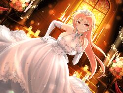 Rule 34 | 1girl, blonde hair, breasts, candle, candlestand, church, cleavage, dress, gloves, hand on own chest, jewelry, large breasts, long hair, looking at viewer, official art, red eyes, ring, senran kagura, senran kagura new link, smile, solo, souji (senran kagura), sunset, tiara, wedding dress, wedding ring