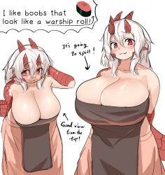 Rule 34 | !, 1girl, :3, absurdres, apron, arms behind back, arrow (symbol), blush, breasts, bursting breasts, cleavage, closed mouth, collarbone, commentary request, english text, food, hair between eyes, highres, horns, huge breasts, kagarimachi konatsu, leaning forward, long hair, looking at viewer, multiple views, original, pointy ears, red eyes, red horns, red tail, sidelocks, simple background, slit pupils, speech bubble, sushi, tareme, upper body, white background, white hair