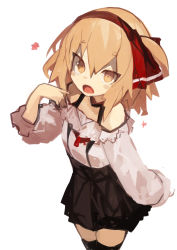 Rule 34 | 1girl, absurdres, alternate costume, black dress, black thighhighs, blonde hair, dress, hairband, highres, kaamin (mariarose753), long sleeves, looking at viewer, off shoulder, open mouth, red hairband, rumia, shirt, short eyebrows, short hair, simple background, solo, standing, suspenders, thighhighs, touhou, white background, white shirt, yellow eyes