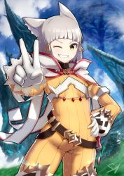 Rule 34 | 1girl, ;), animal ears, blue sky, cat ears, clenched teeth, cloud, commentary request, day, gloves, grey hair, hair ribbon, hand on own hip, long sleeves, looking at viewer, marusan, nia (xenoblade), nintendo, one eye closed, outdoors, puffy long sleeves, puffy sleeves, ribbon, short hair, sidelocks, sky, smile, solo, standing, teeth, v, white gloves, xenoblade chronicles (series), xenoblade chronicles 2, xenoblade chronicles (series), xenoblade chronicles 2, yellow eyes, yellow ribbon