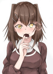 Rule 34 | 1girl, blush, breasts, brown hair, brown shirt, candy, chocolate, chocolate heart, food, furutaka (kancolle), glowing, glowing eye, hair ornament, hairclip, heart, highres, kantai collection, koru pera, large breasts, looking at viewer, mouth hold, official alternate costume, shirt, short hair, smile, solo, upper body