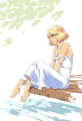 Rule 34 | 1girl, armpits, bare shoulders, barefoot, blonde hair, blue eyes, bob cut, breasts, character request, cleavage, closed mouth, collarbone, dress, feet, flat chest, from side, full body, green eyes, kanikame, knees up, legs together, light smile, looking down, metal max, outdoors, parted bangs, profile, river, sitting, small breasts, smile, soaking feet, solo, sundress, v arms, water, white dress