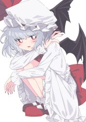 Rule 34 | 1girl, :d, bat wings, blue hair, blush, bobby socks, bright pupils, dress, eyes visible through hair, fang, full body, hat, highres, long sleeves, looking at viewer, mary janes, medium hair, mob cap, nail polish, open mouth, petticoat, red eyes, red footwear, red nails, remilia scarlet, shoes, simple background, skin fang, smile, socks, solo, squatting, touhou, tsukimirin, v-shaped eyebrows, white background, white dress, white hat, white pupils, white socks, wings