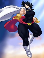 Rule 34 | 1girl, absurdres, bare shoulders, black eyes, black hair, boku no hero academia, boots, breasts, cape, floating, flying, gloves, highres, kyelyn, large breasts, long hair, looking at viewer, mole, mole under mouth, muscular, muscular female, shimura nana, smile, solo, superhero costume, thick thighs, thighs, wide hips, yellow gloves