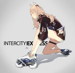 Rule 34 | 1girl, black jacket, blonde hair, commentary, earbuds, earphones, english commentary, english text, from side, full body, grey background, headgear, highres, inline skates, jacket, lin+, long hair, on one knee, original, profile, roller skates, simple background, skates, solo, thigh strap