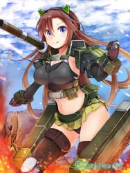 Rule 34 | 1girl, :q, breasts, brown hair, day, fire, irohara, large breasts, long hair, mecha musume, military, military vehicle, motor vehicle, personification, purple eyes, solo, t-84, tank, tongue, tongue out, very long hair, weapon girls