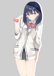 Rule 34 | 1girl, arm behind back, bare legs, black skirt, blue hair, bow, bowtie, cardigan, closed mouth, collared shirt, dark blue hair, earbuds, earphones, eka eri, feet out of frame, grey background, gridman universe, holding, holding earphones, long sleeves, looking at viewer, medium hair, miniskirt, orange scrunchie, outline, partially unbuttoned, purple eyes, red bow, red bowtie, scrunchie, shirt, simple background, single earphone removed, skirt, solo, ssss.gridman, takarada rikka, white cardigan, white outline, white shirt, wrist scrunchie