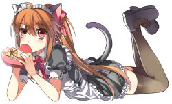 Rule 34 | 1girl, ahoge, alternate costume, animal ears, black thighhighs, blush, box, brown hair, cat ears, cat tail, chocopenguin, enmaided, full body, hair between eyes, heart-shaped box, little busters!, long hair, looking at viewer, lying, maid, maid headdress, natsume rin, on stomach, ponytail, puffy short sleeves, puffy sleeves, short sleeves, solo, tail, thighhighs