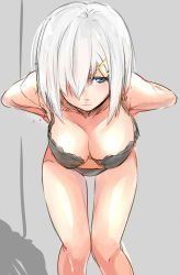 Rule 34 | 10s, 1girl, bent over, black bra, black panties, blue eyes, bra, breasts, female focus, hair ornament, hair over one eye, hairclip, hamakaze (kancolle), isshiki (ffmania7), kantai collection, large breasts, panties, short hair, silver hair, simple background, sketch, solo, underwear, underwear only