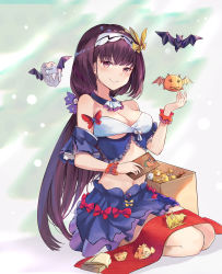 Rule 34 | 1girl, bare shoulders, bat (animal), blue skirt, blush, bow, breasts, cleavage, closed mouth, crop top, detached collar, detached sleeves, fate/grand order, fate (series), frilled cuffs, frills, full body, hair bow, hair intakes, hairband, hand up, highres, holding, long hair, looking at viewer, low-tied long hair, medium breasts, midriff, miniskirt, mosta (lo1777789), navel, origami, osakabehime (fate), pumpkin, purple bow, purple eyes, purple hair, red bow, seiza, short sleeves, sitting, skirt, smile, solo, underboob, unmoving pattern, very long hair, wrist cuffs, yellow bow