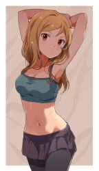 1girl armpits arms_behind_head arms_up black_pantyhose blue_shirt border breasts brown_background brown_hair buchi_(y0u0ri_) cleavage closed_mouth collarbone cowboy_shot crop_top cropped_shirt dot_nose highres idolmaster idolmaster_million_live! idolmaster_million_live!_theater_days large_breasts long_hair looking_at_viewer midriff miniskirt momose_rio navel outside_border pantyhose pleated_skirt purple_skirt red_eyes shirt simple_background skirt sleeveless sleeveless_shirt solo standing white_border