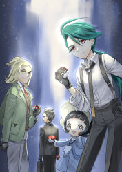 Rule 34 | 2boys, 2girls, black coat, black eyes, black gloves, black hair, black necktie, black pants, black suit, blonde hair, blue dress, blue jacket, closed mouth, coat, collared shirt, creatures (company), dress, earrings, formal, game freak, gloves, green coat, green hair, hand on own hip, hassel (pokemon), holding, holding poke ball, jacket, jewelry, larry (pokemon), long hair, long sleeves, looking at viewer, looking back, morisawa machi, multiple boys, multiple girls, necklace, necktie, nintendo, open clothes, open coat, open mouth, pants, poke ball, poke ball (basic), pokemon, pokemon sv, ponytail, poppy (pokemon), red eyes, red necktie, rika (pokemon), shirt, short hair, suit, suspenders, visor cap, white shirt, yellow eyes